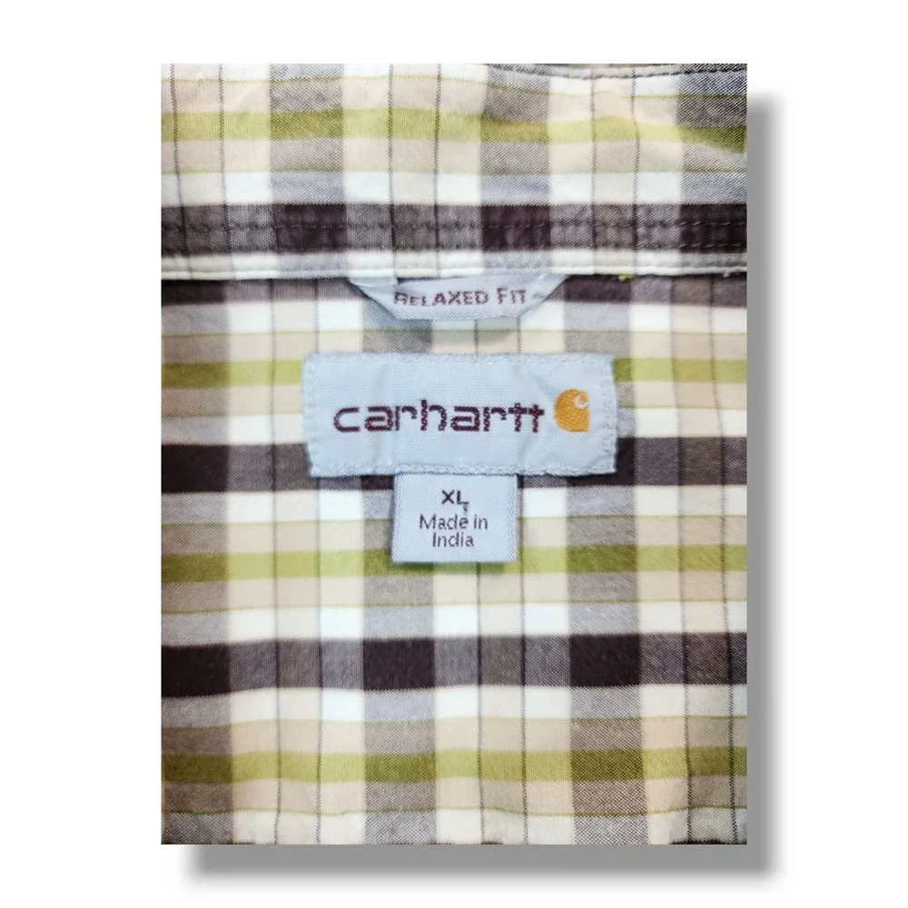 Carhartt‎ Relaxed Fit Green/Brown Plaid Button Down Short Sleeve Shirt Men's XL